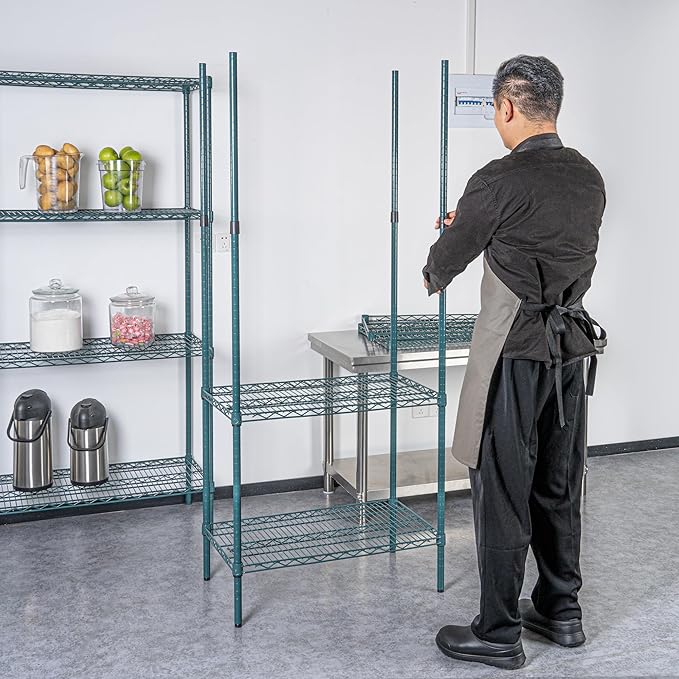 Restaurantware-Shelving Posts ONLY: Chef 101 74 Inch Shelving Posts 4 NSF Certified Epoxy Poles - Shelves Sold Separately with 4 Leveling Feet Green Steel Poles No Corrosion