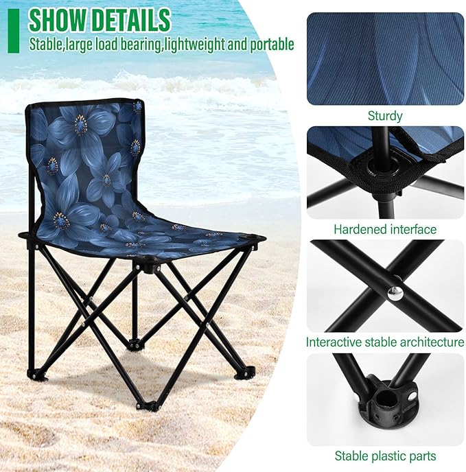 Navy Blue Flower Packable Backpack Beach Chairs for Adults Lightweight Ultralight Camp Chair Carry Bag Included Lawn Chair for Ice Fishing Traveling