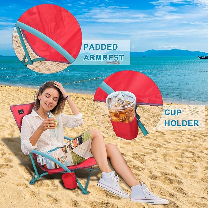 Northroad 2 Pack Low Folding Beach ChairPortable Lightweight Lowback Sling Chair Outdoor Low Seat Camping Chair w/Cup Holder &amp Carry Bag for Sand Camping Lawn Picnic FestivalPink