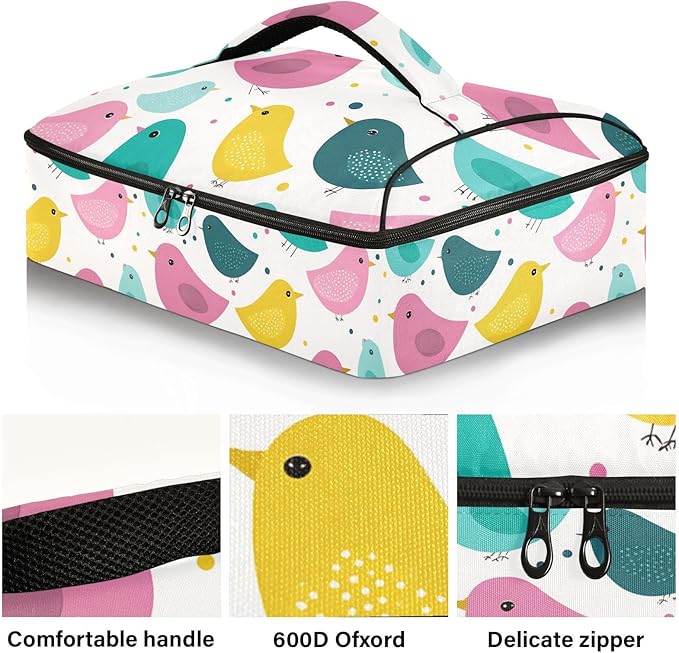 Casserole Carrier Adorable Pattern BirdsInsulated Casserole Carrier for Hot or Cold Food Thermal Lunch Tote for Potluck Parties Picnic Beach Fits 9 x 13 Inches Baking Dish