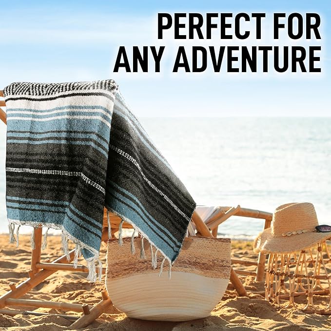 Hydration Nation Authentic Large Handwoven Mexican Blanket - Soft Yoga- Durable Serape- Lightweight Falsa Beach Camping Picnic Outdoor Blanket 70x50 - Aqua Sky
