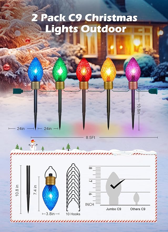 Strawberry Jumbo C9 Christmas Pathway Lights Outdoor - 2 Pack Total 17 Feet 10 LED C9 Christmas Light C7 Light Covered Jumbo Bulb Christma Lights Outdoor Decorations for Yard Lawn Holiday Outside