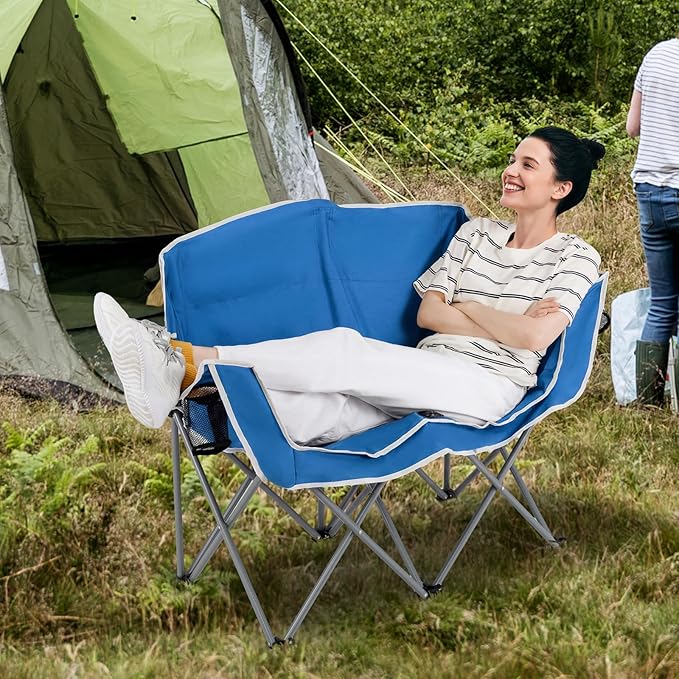 Tangkula 2 Person Camping Chair Portable Oversized Outdoor Folding Camp Chair Loveseat with Padded Seat Cup Holder Carry Bag Heavy Duty Lawn Chair for Beach Fishing Travel (Blue 2-Person)