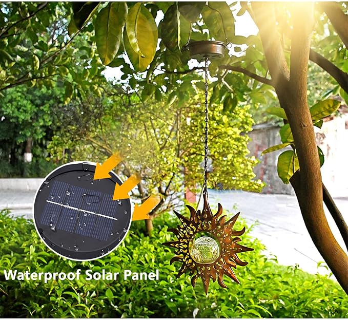 Solar Lights Outdoor Waterproof Garden Decor Hanging Sun Lanterns with Crackle Glass Ball LED for Garden Patio Yard Porch Unique Gardening Gifts for Women Mom Grandma