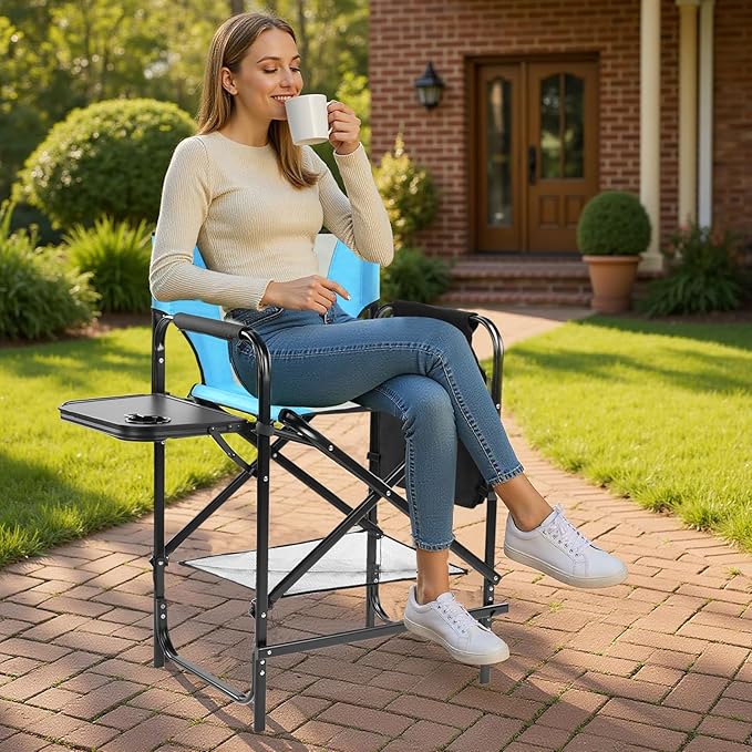 Tall Camping Directors Chair 26 Portable Folding Artist Makeup Chair with Side Table Pocket Footrest Concert Outdoor Foldable Camp Lawn Chairs (Blue)