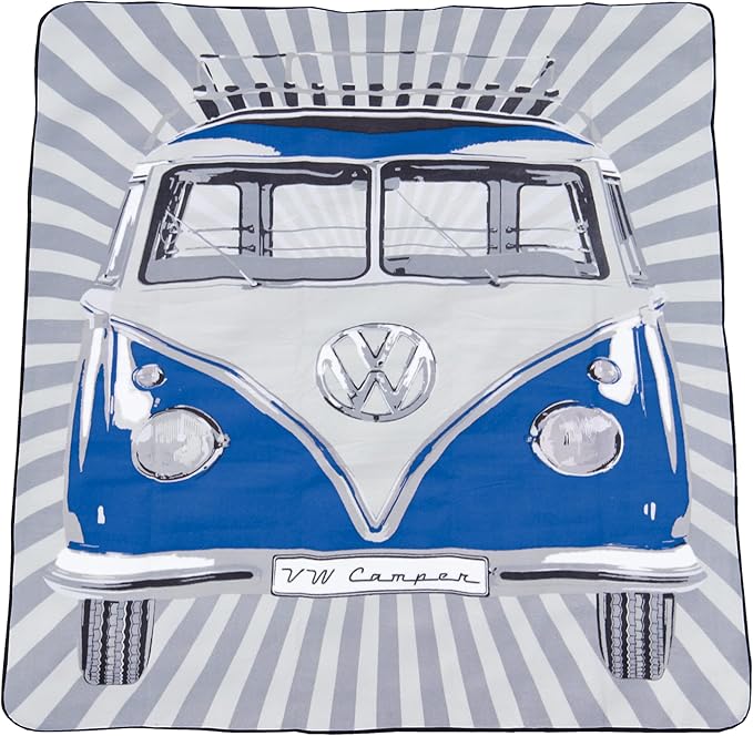 BRISA VW Collection - Volkswagen Picnic Cuddle Throw Blanket T1 Bus Campervan (Samba Stripes/Blue/200x150cm/59x78.7 in.)