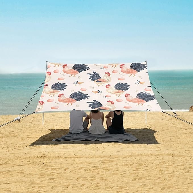 Rooster Eggs Pattern Camping Sun Shelter Beach Tent Portable Beach Sun Shade Outdoor Canopy for Camping Trips Fishing Picnic