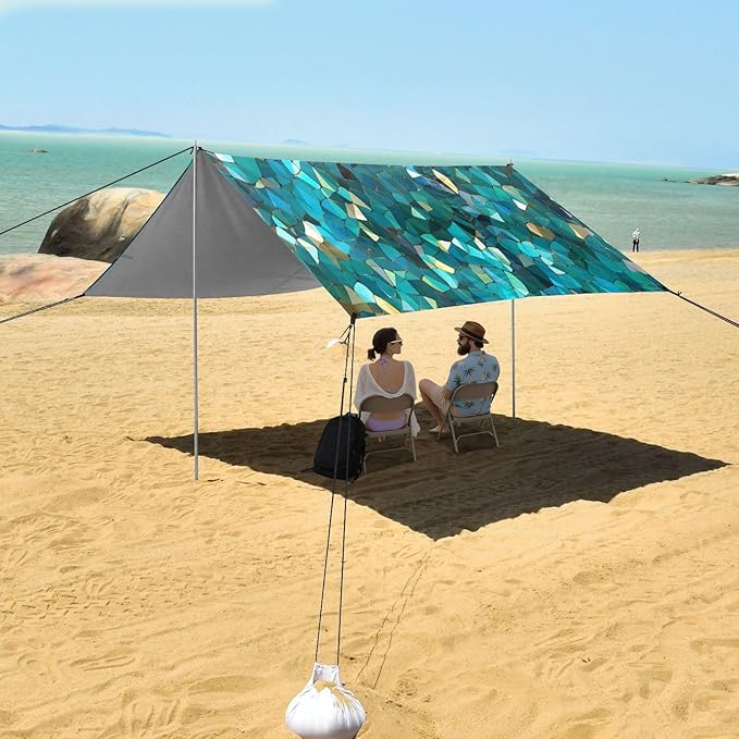 Rainbow Mosaic Textured Beach Tent Sun Shelter 9.2' x 10.5' Beach Canopy with 4 Sandbags 4 Stability Poles Sand Shovels - Tent Canopy for Beach Camping Fishing Picnics