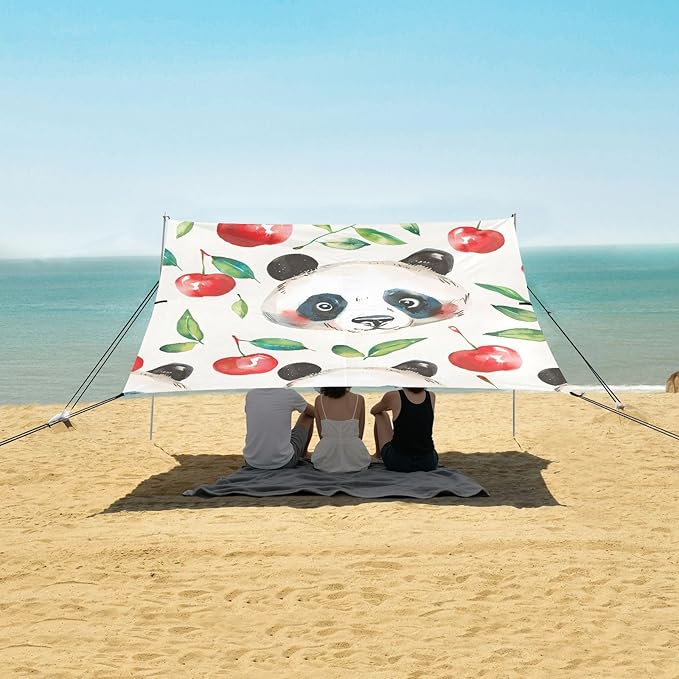 Hand Drawn Watercolor Kawaii Panda Camping Sun Shelter Beach Tent Portable Beach Sun Shade Outdoor Canopy for Camping Trips Fishing Picnic