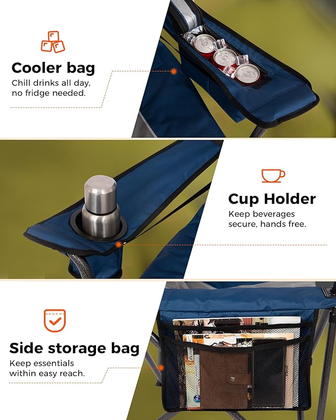 KingCamp Oversized Camping Folding Chair Heavy Duty 450 LBS with Lumbar Support Padded seat with Cup Holder&ampCooler Bag Ideal for Camp Fishing Sports Event Backyard Patio Lawn(Blue/MediumGr