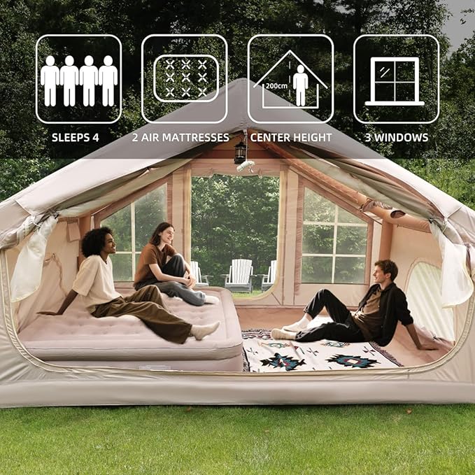 Inflatable Camping Tent with Canopy 4-6 Person 4 Season Air Tent 5 Min Quick Setup Waterproof Windproof with 420D Oxford 2 Mesh Doors &amp 4 Windows Clear Skylight for Family Camping