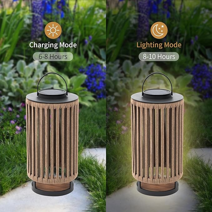 Outdoor Solar Lanterns Outdoor Hollowed-Out LED Floor Lights Aluminum Braided Rope Lantern with Handle for Patio Yard Pathway Yellow