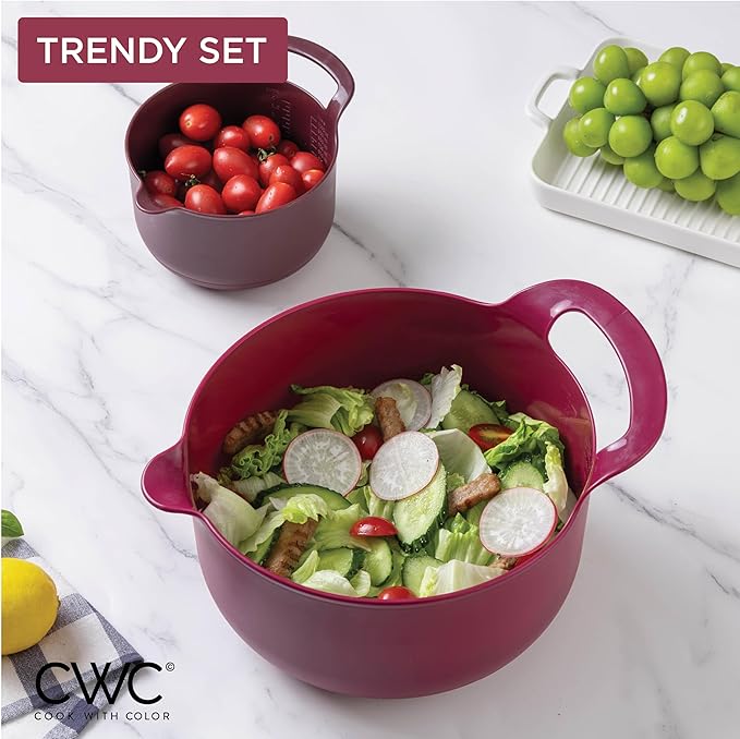 COOK WITH COLOR Nesting Plastic Mixing Bowl Set with Pour Spouts and Handles Rose 6 Piece Non-Slip
