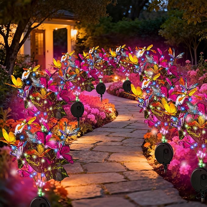 Solar Path Lights Outdoor 4 Pack LED Flower &amp Butterfly Decor Waterproof Auto On/Off Bigger Solar Panel for Yard Patio Garden Walkway Decoration Gift for Mom (Lily)
