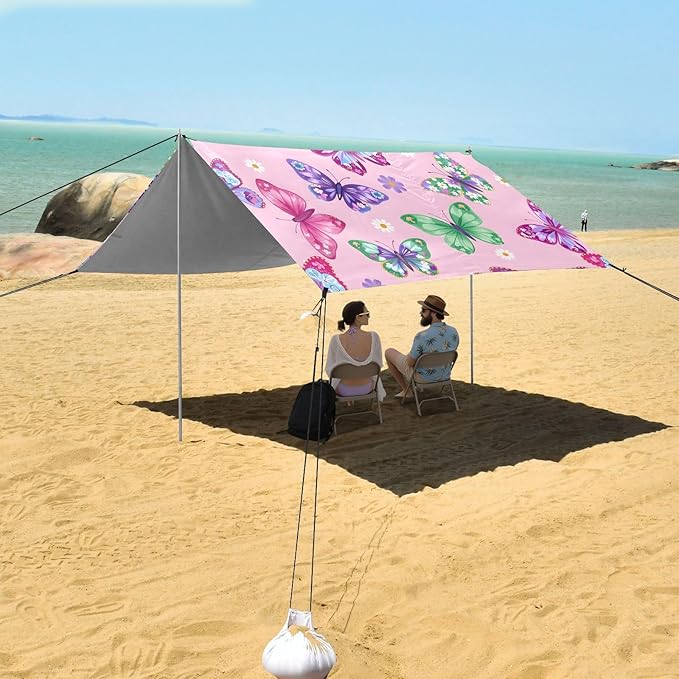 Bolaz Beach Canopy Tent Sun Shade9'×10.5' Large Family Beach Shade UPF50+- Outdoor Shade for Camping Trips FishingFlower Butterfies Pattern