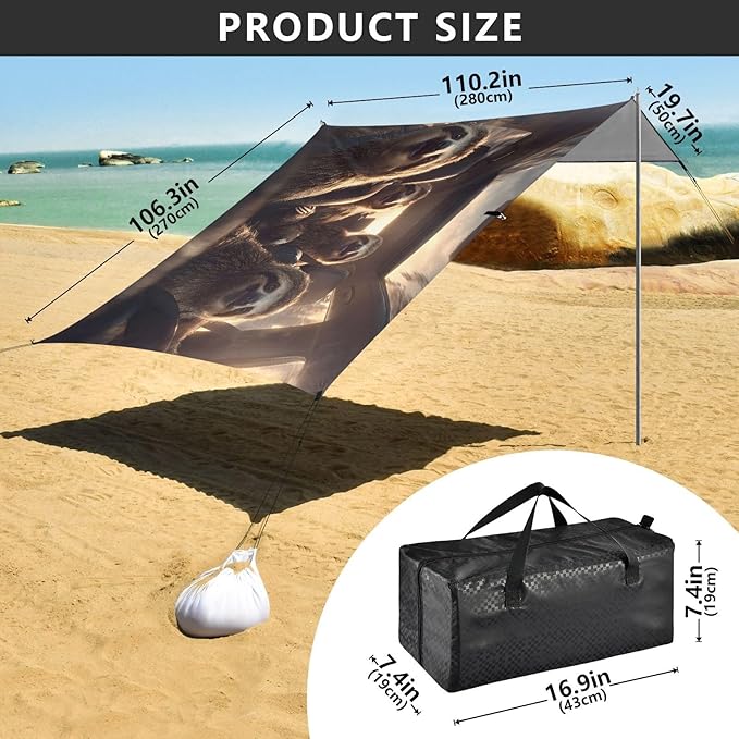 ALAZA Sloths Driving Funny Animals Beach Tent Sun Shelter UPF50+ Protection Beach Shade Canopy w/ 4 Sandbags for Outdoor Camping Fishing Backyard Fun Picnic 10x9 ft