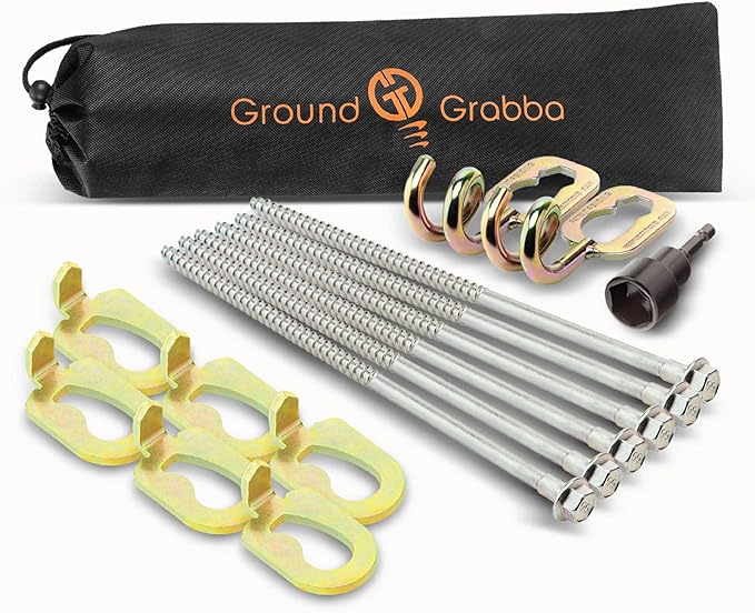 GroundGrabba Junior Camping Kit | Stakes (6) Pigtail Hooks (2) Hex Driver (1) Fangs (6) Medium Drawstring Bag (1)