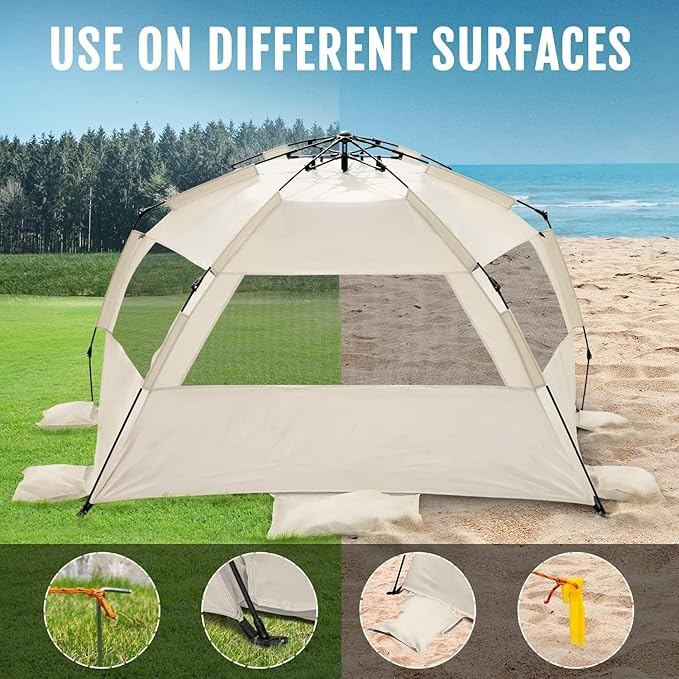 WhiteFang Deluxe Pop Up Beach Tent Sun Shade Shelter for 3-4/5-6 Person UV Protection Extendable Floor with 3 Ventilating Windows Plus Carrying Bag Stakes and Guy Lines