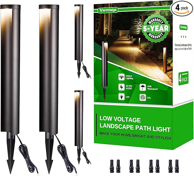 Low Voltage Pathway Lights LED Landscape Path Lights Outdoor Waterproof IP65 Wired Black Aluminum 5W 200LM for Walkway Sidewalk 4 Pack