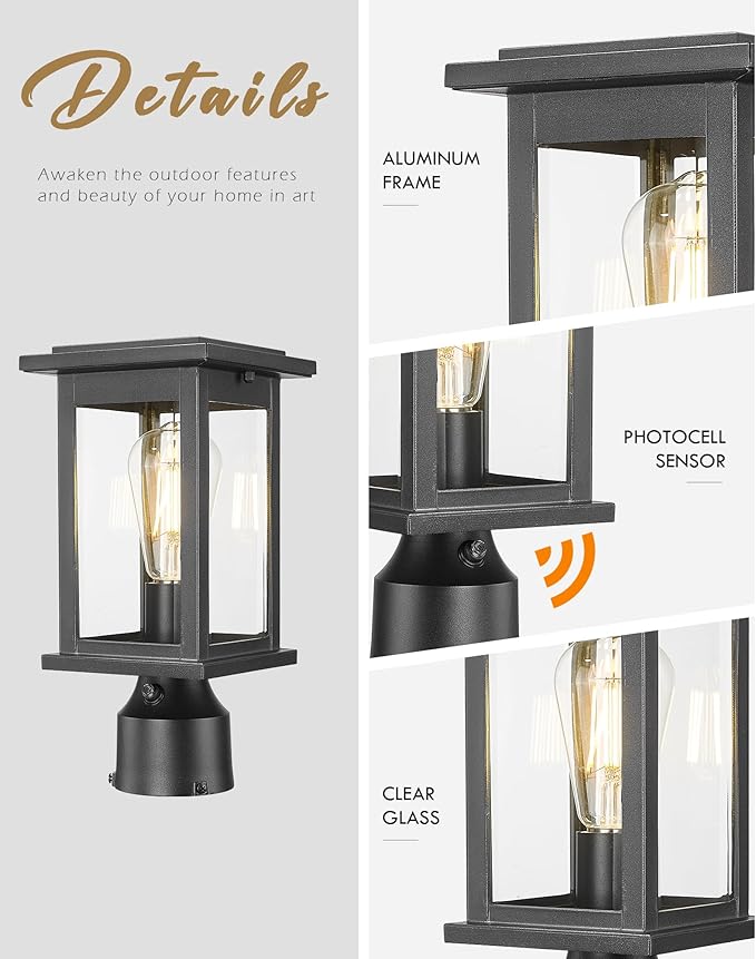 Dusk to Dawn Outdoor Post Lamp HWH 12.2 Inch Exterior Pole Lantern with Photocell Sensor Lamp Post Light with Clear Glass 5HD37P PC BK