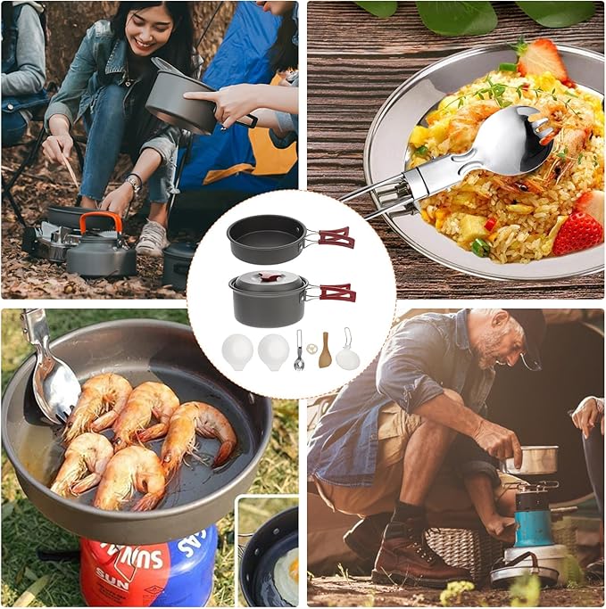 Yardwe Camping Cookware Set for 1-2 People Red Portable Outdoor Aluminum Pot Pan Bowl Combo Lightweight Hiking Picnic Cook Set for Camping and Travel