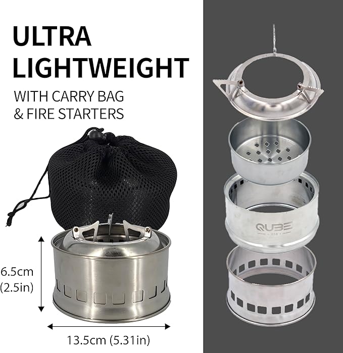 Portable Camping Stove with 3 Fire Starters – Stainless Steel Wood Burning Mini Camp Stove Foldable with Carry Bag for Backpacking Hiking Traveling Emergency Outdoor BBQ and Picnic