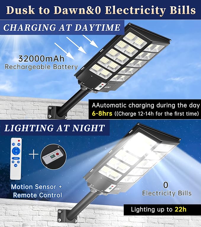 JAYNLT Y-5200W Solar Street Lights Outdoor520000LM 6500K Commercial Parking Lot Lights Dusk to Dawn Waterproof Solar Security Flood Lamps with Motion Sensor and Remote for Yard Garage Driveway