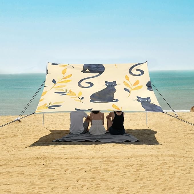 Watercolor Cat and Leaf Camping Sun Shelter Beach Tent Portable Beach Sun Shade Outdoor Canopy for Camping Trips Fishing Picnic