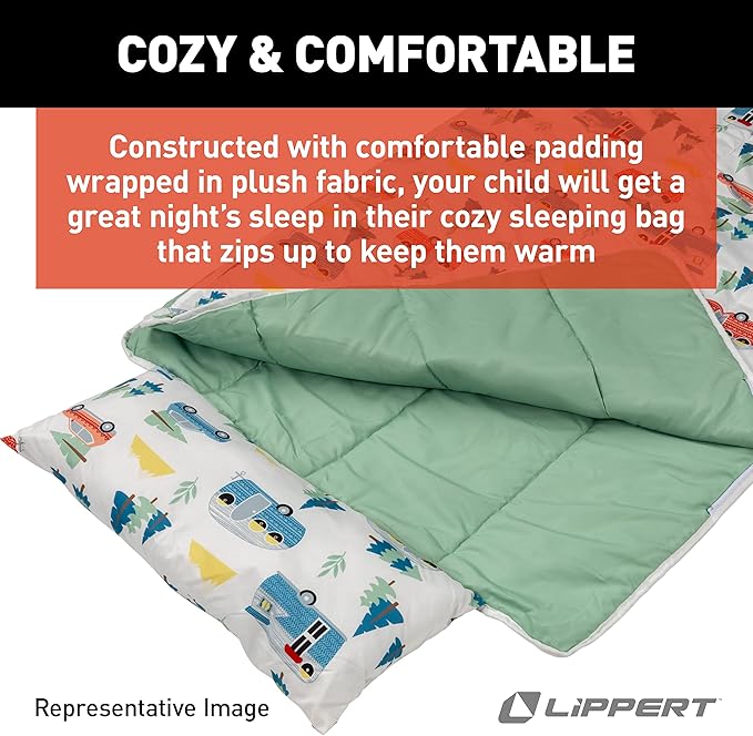 Thomas Payne Children’s Road Trip Sleeping Bag for Camping and Sleepovers with Durable Material Zippered Closure Built-In Carrying Tote Machine Washable Dryer Safe - 2022107837