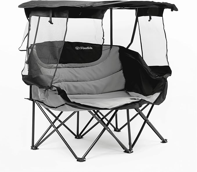 Double Camping Chair with Canopy Folding Two-Person Seat Portable Outdoor Loveseat with Shade Folding Chair for Beach Lawn and Outdoor Activities