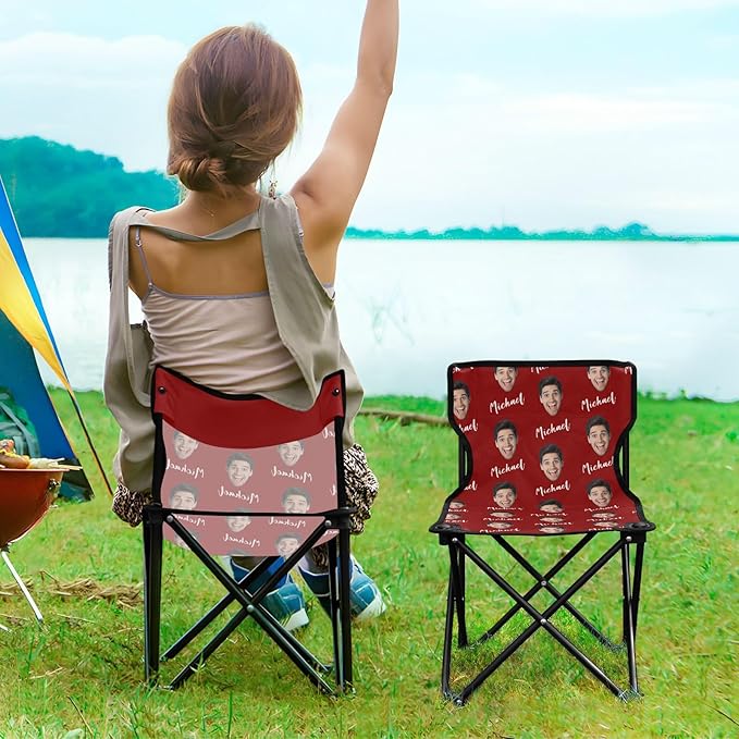Sinestour Dark Red Custom Photo Folding Camping Chair for Teen Child Personalized Name 14.6×14.6in Portable Outdoor Chair with Carry Bag for Beach Picnic Barbeques