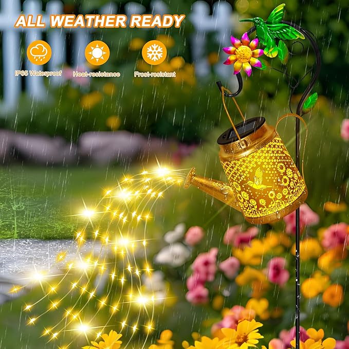 Hummingbird Solar Lanterns Garden Decor Outdoor Waterproof Watering Can with Shepherd Hook Solar Garden Decor for Yard Outdoor Landscape Pathway Gifts for Women Mom Grandma Birthday Christmas Gifts