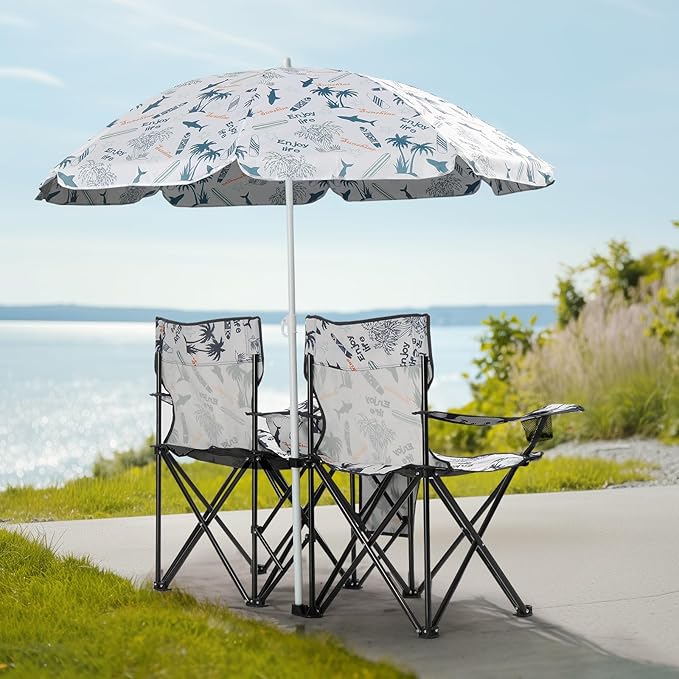 Double Camping Chair with Removable UmbrellaFolding Two-Person Seat Beach Chairs with Cup Holder Cooler BagFolding Camping Loveseat Chairs for Sports Lawn Patio Outside (Coconut Tree)
