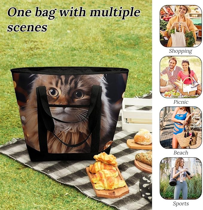 Insulated Shopping BagLarge Reusable Cooler Bags Cat Hanging Christmas Lights Printed Foldable Shopping BagTravel Waterproof Shoulder Bag