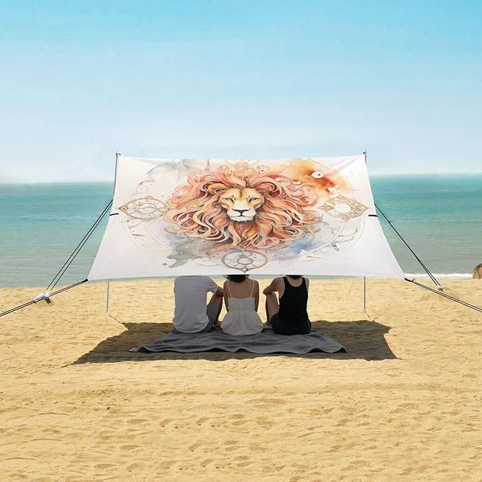 ALAZA King of Lion Beach Tent Sun Shelter UPF50+ Protection Beach Shade Canopy w/ 4 Sandbags for Outdoor Camping Fishing Backyard Fun Picnic 10x9 ft