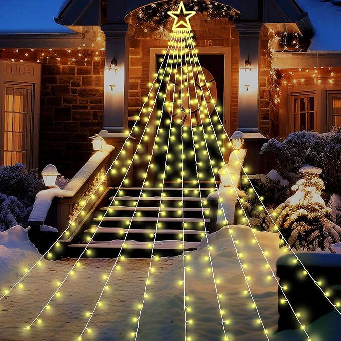 Christmas Decorations Outdoor 11.5 ft 317 LED Star Christmas Tree Lights 8 Memory Lighting Modes&ampTimer Star Light for Yard Wedding Party Decorations（Warm