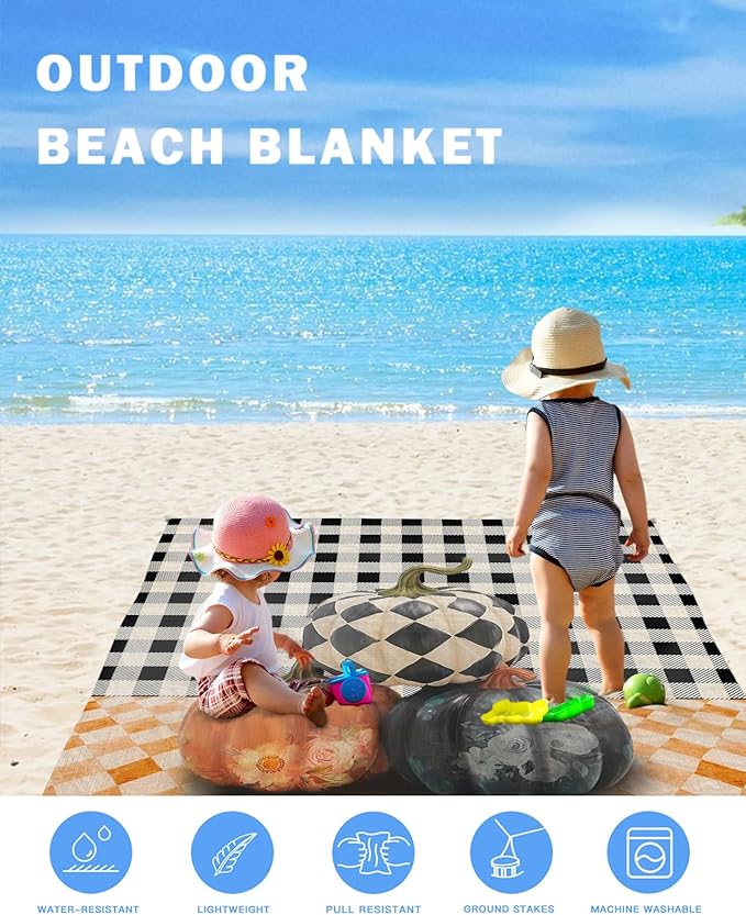 Beach Blanket Waterproof Sandproof Fall Thanksgiving Pumpkin Black Buffalo Plaid Quick Drying Beach Mat with 4 Stakes Orange Lattice Vintage Linen Lightweight Picnic Blanket for Travel 108x84