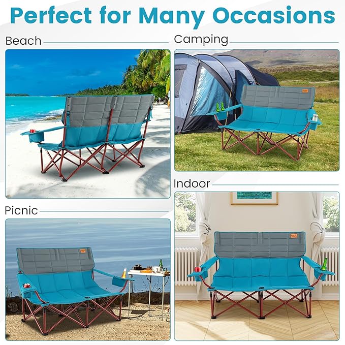 Goplus Double Camping Chair for Adults Low Outdoor Folding Loveseat Couch Chair w/Cup Holders Thick Padding Heavy-Duty 2 Person Lawn Chair for Beach Picnic Travel Supports 660 LBS(2-Person Seat)