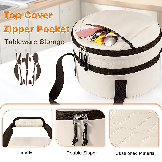 Trunab Round Double Insulated Casserole Carrier Pie Carriers for Transport Casserole Dish Carrier Bag for Hot or Cold Food Wavy Texture for Camping Picnics Party
