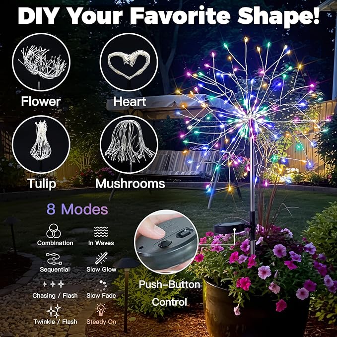 suddus Solar Garden Lights Outdoor Waterproof Upgrade 2 Pack 150LED Solar Firework Lights 8 Modes Starburst Fairy Light for Front Yard Driveway Bushes Patio Christmas Decor (Multicolor)