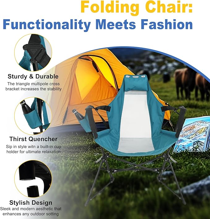 Hammock Camping Chair Portable Chairs with Pillow Cup Holder and Carry Bag Lightweight Foldable Chair for Outside Camping Hiking Travel Beach and Sports (Blue)