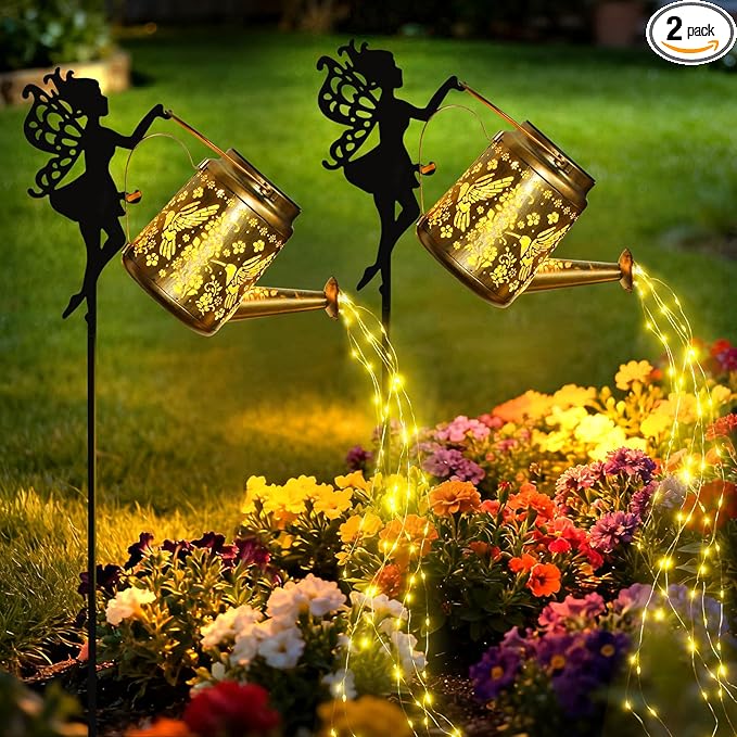 X-PREK Solar Lights Outdoor Waterproof Fairy Solar Garden Lights Outdoor Decoration Hummingbird Solar Watering Can Light Gardening Gifts for Mom Grandma 2 Packs