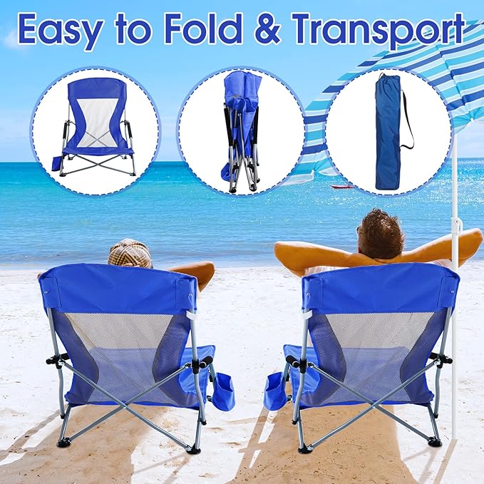 Huwena 2 Pack Beach Chair for Adult with 2 Umbrella Low Folding Chair Detachable Adjustable Lightweight with Armrests Cup Holder Carry Bag Portable for Sand Camping Travel Outdoor Pool(Dark Blue)