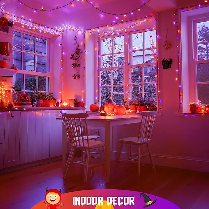 JMEXSUSS Orange and Purple Halloween Lights Battery Operated Each 33 FT Indoor Halloween Lights Outdoor Waterproof 2 Pack 100 LED Christmas Light for Christmas Tree Decor