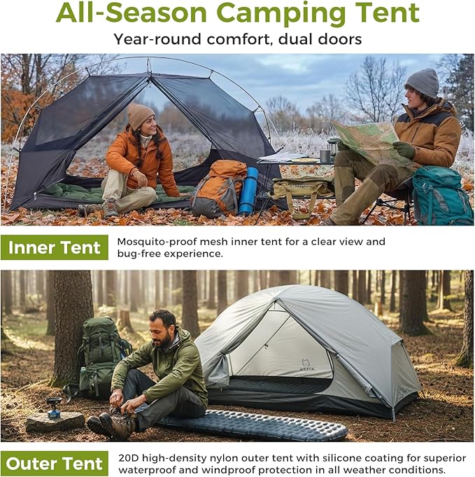 ATEPA Voyage 1-2 Person Backpacking Tent 4 Season Ultralight Camping Tent 4000mm Waterproof Double Layer Cold Wearther Easy Set Up Tent for Family Camp Hiking Hunting Outdoor Mountaineering Travel