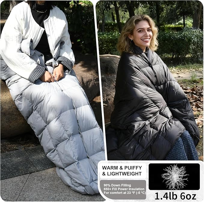 Down Camping Blanket - Lightweight Packable Warm &amp Puffy Outdoor Travel Quilt for Sleep Hiking Backpacking Stadium Festivals Water-Resistant Sleeping Bag 55x79