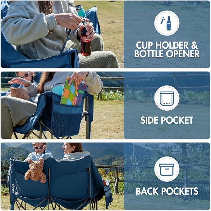 PORTAL Double Camping Chair 2 Person Folding Loveseat for Adults Padded Cushion Camp Lawn Love Seat with Side Pocket Portable Couch Two Person Heavy Duty Wide Chairs with Cup Holder 600 lbs