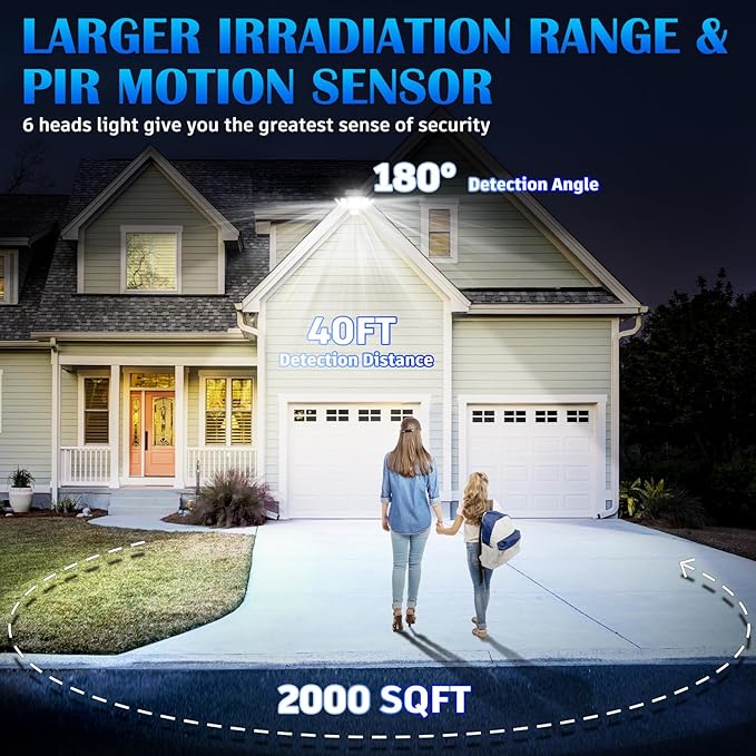 Solar Motion Sensor Flood Lights Outdoor - 496LEDs 3500LM 3 Lighting Modes 3 Levels Brightness 6 Heads 360° Illumination IP65 Solar Security Lightsfor Porch Yard Patio Garage(2 Packs)