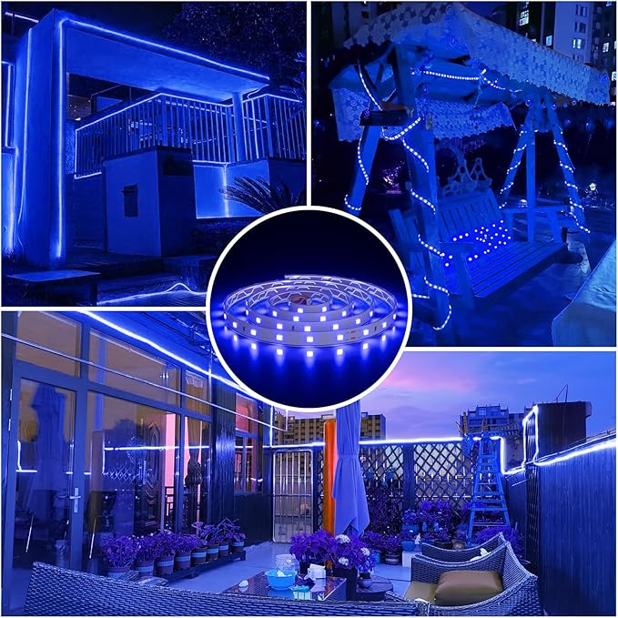 MIHEAL Solar LED Strip Lights Outdoor 32.8ft 560 LEDs Solar Powered Blue Light LED Strip with 8 Lighting Modes IP67 Waterproof 2835 SMD Rope Lights for Garden Trees Christmas Party Decor