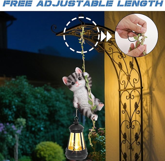 Solar Hanging Cat Statue Outdoor Resin Black Cat Figurine with LED Lights Kitty Animal Ornament for Garden Fence Porch Patio Yard Decor Dusk to Dawn Auto On/Off